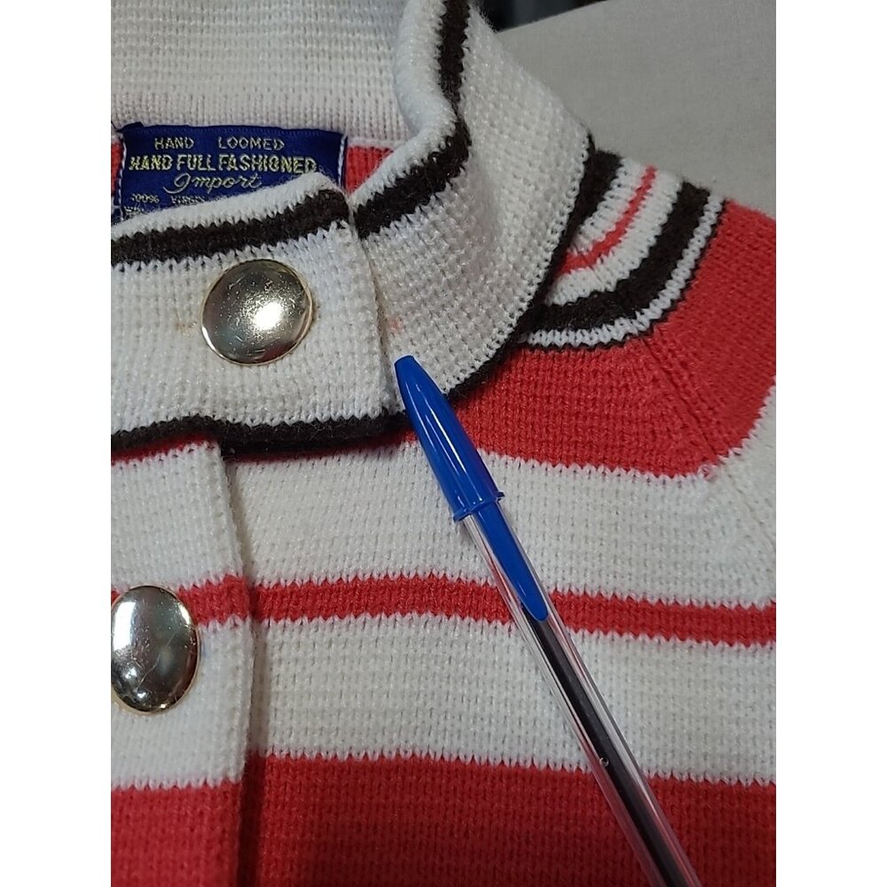 Vintage Full Fashioned Hand Loomed Womens Sweater S/M Coral White Black Stripe - Picture 13 of 14